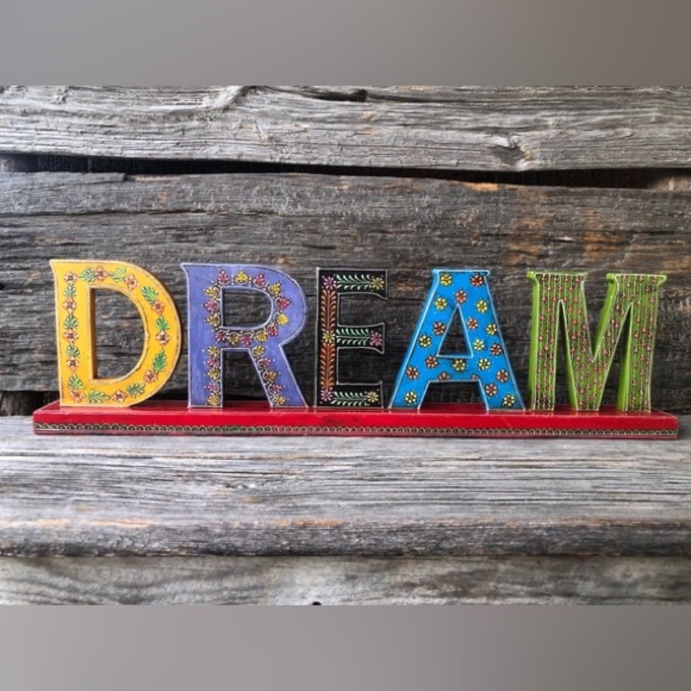Boho bedroom decor DREAM word sign Bohemian hippy studio decoration shelf sitter